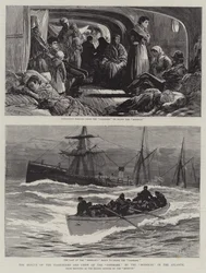 De redding van de passagiers en bemanning van de Danmark door de Missouri in de Atlantische Oceaan